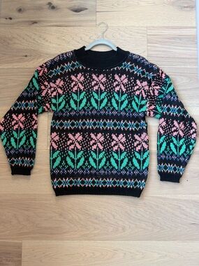 Vintage Black Fair Isle Knit Sweater with Pink & Teal Pattern